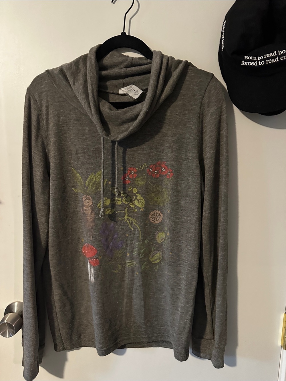 Gray Floral Graphic Hooded Long Sleeve Top